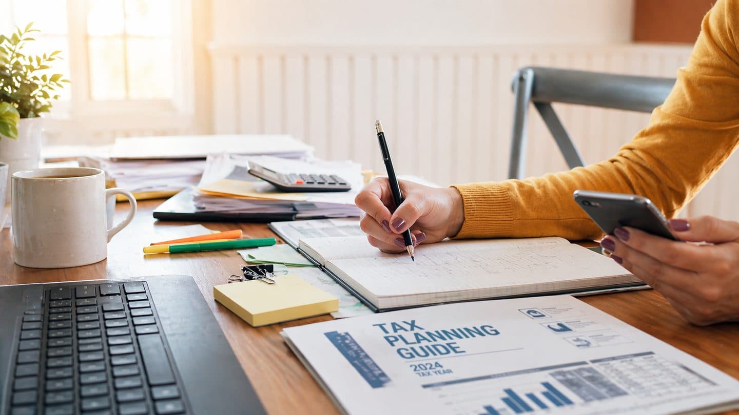 Bookkeeper reviewing a 2024 tax planning guide and handwritten financial ledger at a Florida small business